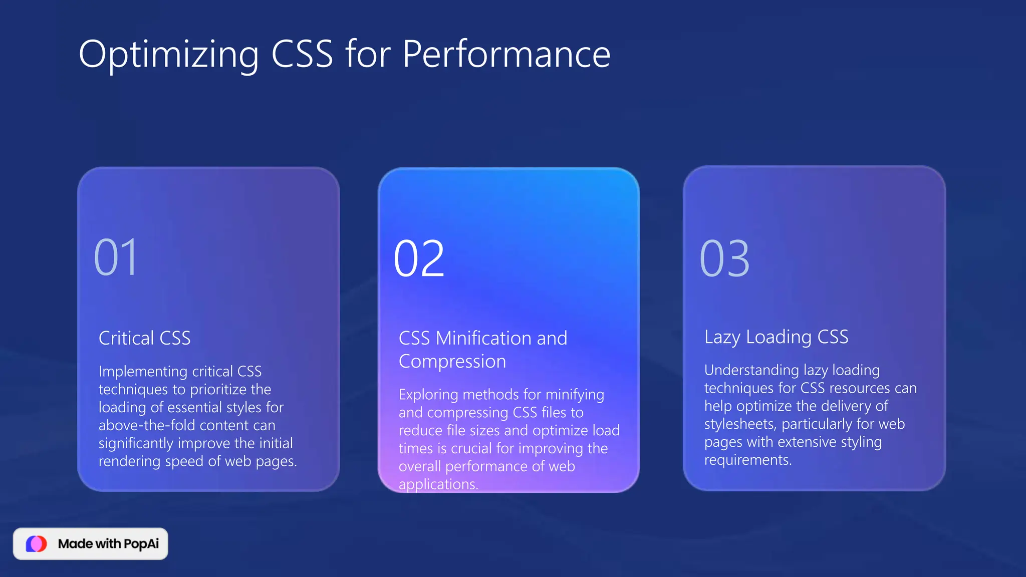 Critical CSS
Implementing critical CSS
techniques to prioritize the
loading of essential styles for
above-the-fold content can
significantly improve the initial
rendering speed of web pages.
Lazy Loading CSS
Understanding lazy loading
techniques for CSS resources can
help optimize the delivery of
stylesheets, particularly for web
pages with extensive styling
requirements.
CSS Minification and
Compression
Exploring methods for minifying
and compressing CSS files to
reduce file sizes and optimize load
times is crucial for improving the
overall performance of web
applications.
Optimizing CSS for Performance
01 02 03
 