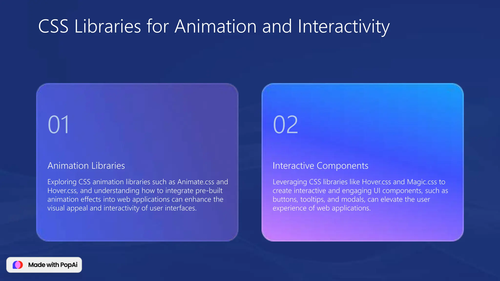 Animation Libraries
Exploring CSS animation libraries such as Animate.css and
Hover.css, and understanding how to integrate pre-built
animation effects into web applications can enhance the
visual appeal and interactivity of user interfaces.
01
Interactive Components
Leveraging CSS libraries like Hover.css and Magic.css to
create interactive and engaging UI components, such as
buttons, tooltips, and modals, can elevate the user
experience of web applications.
CSS Libraries for Animation and Interactivity
02
 