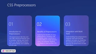 Introduction to
Preprocessors
CSS preprocessors like Sass and
Less offer advanced features such
as variables, nesting, and mixins,
which can significantly enhance
the maintainability and scalability
of CSS code.
Integration with Build
Tools
Understanding how preprocessors
integrate with build tools like
webpack and gulp can streamline
the development workflow and
optimize the performance of web
applications.
Benefits of Preprocessors
Exploring the benefits of using
preprocessors, including code
reusability, easier maintenance,
and the ability to create dynamic
styles, can empower backend
developers to level up their CSS
skills.
CSS Preprocessors
01 02 03
 