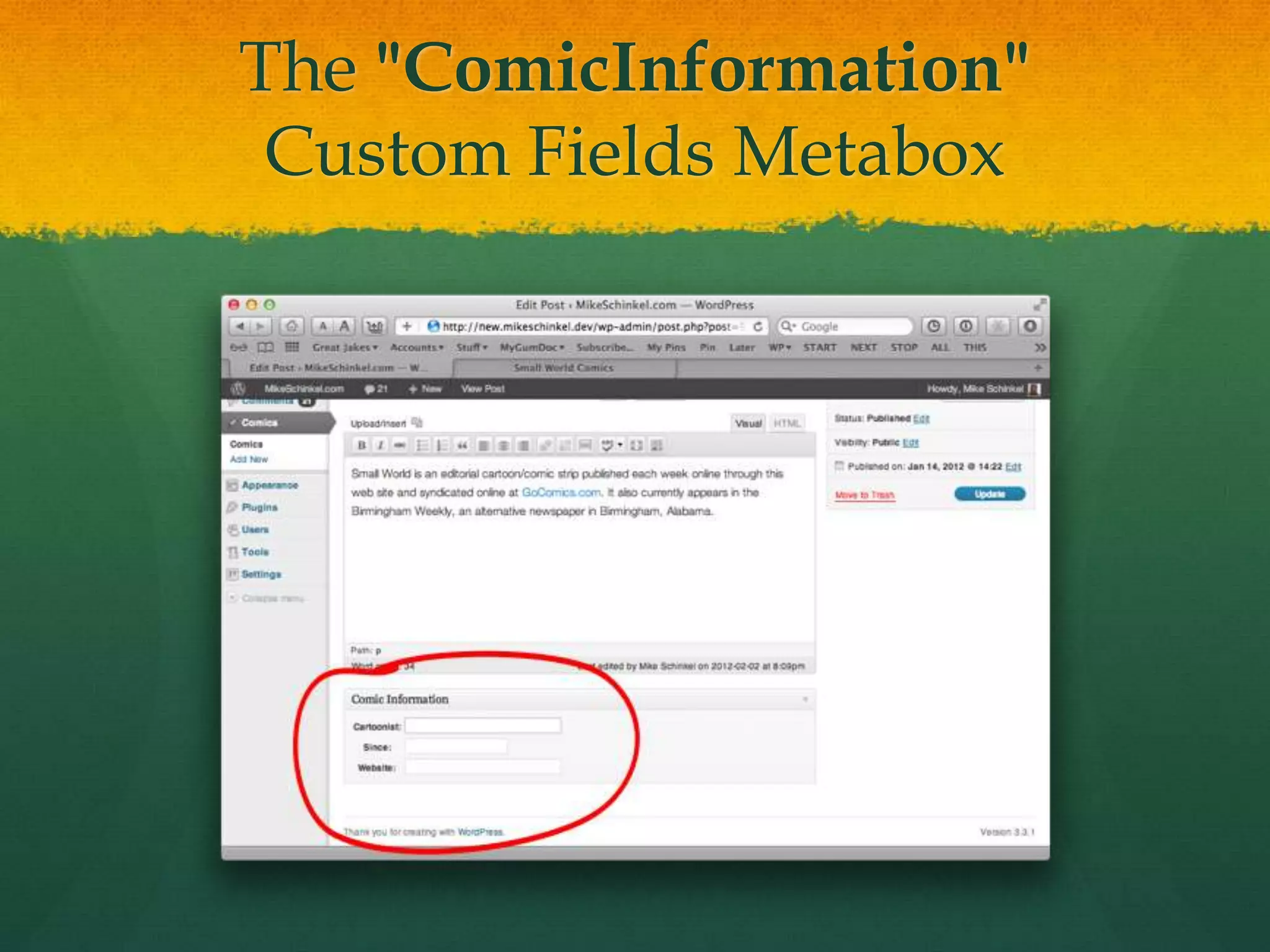 The "ComicInformation"
 Custom Fields Metabox
 
