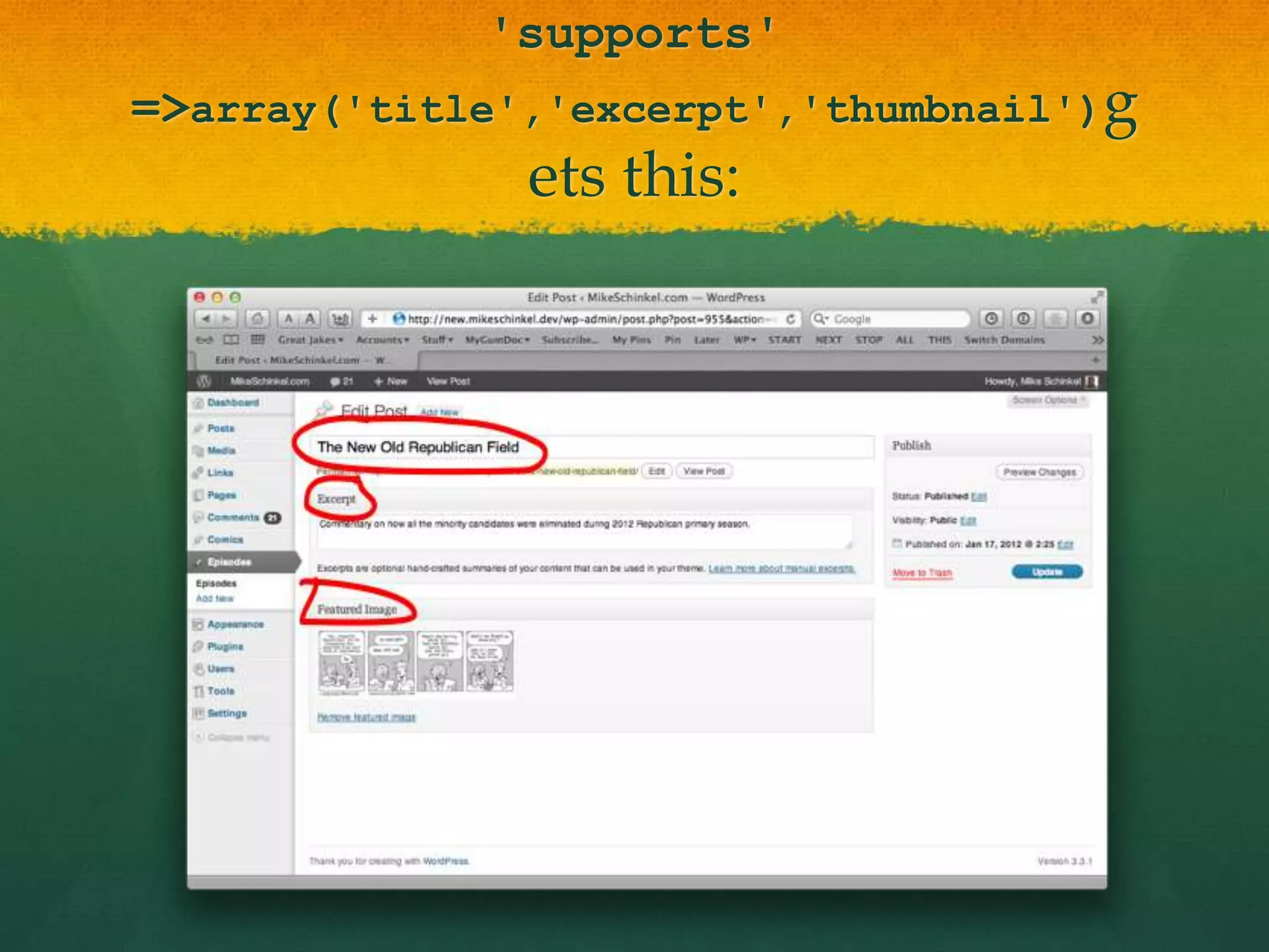 'supports'
=>array('title','excerpt','thumbnail')g
               ets this:
 