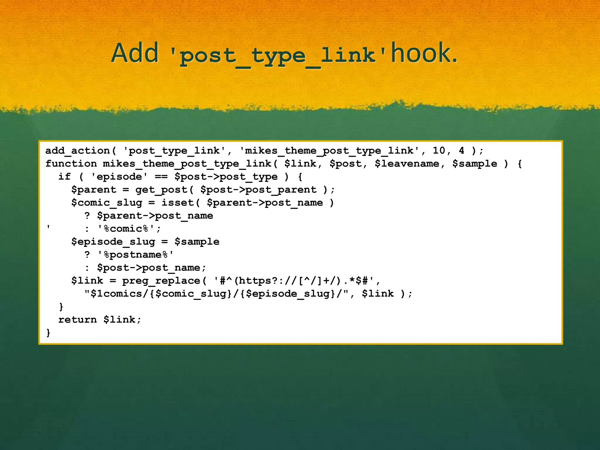 Add 'post_type_link'hook.


add_action( 'post_type_link', 'mikes_theme_post_type_link', 10, 4 );
function mikes_theme_post_type_link( $link, $post, $leavename, $sample ) {
  if ( 'episode' == $post->post_type ) {
    $parent = get_post( $post->post_parent );
    $comic_slug = isset( $parent->post_name )
      ? $parent->post_name
'     : '%comic%';
    $episode_slug = $sample
      ? '%postname%'
      : $post->post_name;
    $link = preg_replace( '#^(https?://[^/]+/).*$#',
      "$1comics/{$comic_slug}/{$episode_slug}/", $link );
  }
  return $link;
}
 