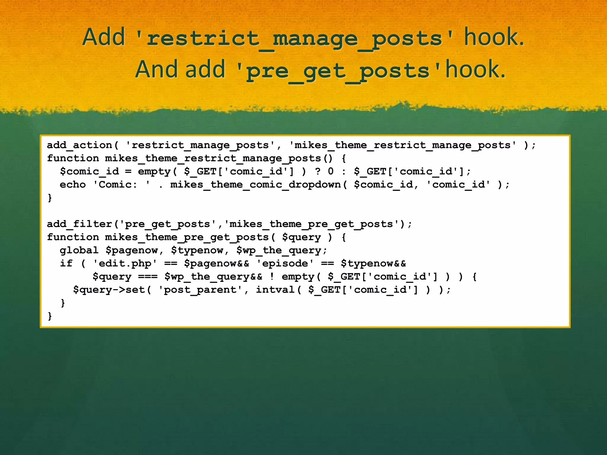 Add 'restrict_manage_posts' hook.
         And add 'pre_get_posts'hook.

add_action( 'restrict_manage_posts', 'mikes_theme_restrict_manage_posts' );
function mikes_theme_restrict_manage_posts() {
  $comic_id = empty( $_GET['comic_id'] ) ? 0 : $_GET['comic_id'];
  echo 'Comic: ' . mikes_theme_comic_dropdown( $comic_id, 'comic_id' );
}

add_filter('pre_get_posts','mikes_theme_pre_get_posts');
function mikes_theme_pre_get_posts( $query ) {
  global $pagenow, $typenow, $wp_the_query;
  if ( 'edit.php' == $pagenow&& 'episode' == $typenow&&
       $query === $wp_the_query&& ! empty( $_GET['comic_id'] ) ) {
    $query->set( 'post_parent', intval( $_GET['comic_id'] ) );
  }
}
 