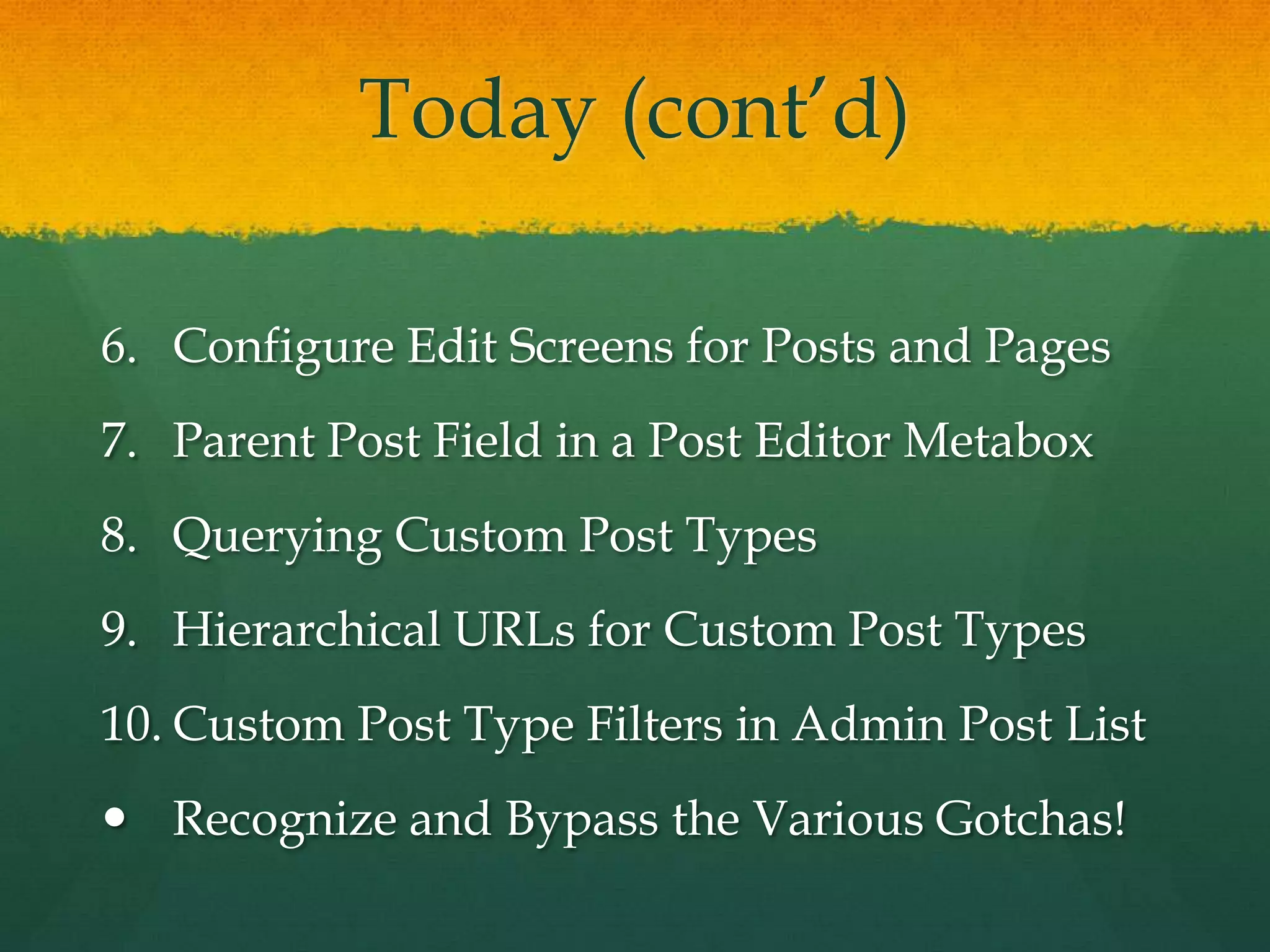 Today (cont’d)

6. Configure Edit Screens for Posts and Pages
7. Parent Post Field in a Post Editor Metabox
8. Querying Custom Post Types
9. Hierarchical URLs for Custom Post Types
10. Custom Post Type Filters in Admin Post List
 Recognize and Bypass the Various Gotchas!
 