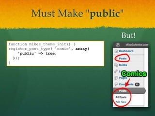 Must Make "public"

                                      But!
function mikes_theme_init() {
register_post_type( 'comic', array(
    'public' => true,
  ));
}
 