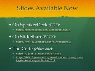 Slides Available Now

 On SpeakerDeck (PDF):

 On SlideShare(PPTX):

 The Code (either one):
 