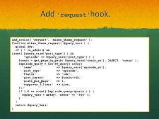 Add 'request'hook.

add_action( 'request', 'mikes_theme_request' );
function mikes_theme_request( $query_vars ) {
  global $wp;
  if ( ! is_admin() &&
isset( $query_vars['post_type'] ) &&
       'episode' == $query_vars['post_type'] ) {
    $comic = get_page_by_path( $query_vars['comic_qv'], OBJECT, 'comic' );
    $episode_query = new WP_Query( array(
      'name'              => $query_vars['episode_qv'],
      'post_type'         => 'episode',
      'fields'            => 'ids',
      'post_parent'       => $comic->ID,
      'posts_per_page'    => 1,
      'suppress_filters' => true,
    ));
    if ( 0 == count( $episode_query->posts ) ) {
      $query_vars = array( 'error' => '404' );
    }
  }
  return $query_vars;
}
 