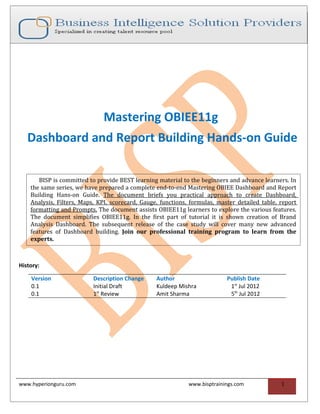 Mastering OBIEE11g
   Dashboard and Report Building Hands-on Guide

       BISP is committed to provide BEST learning material to the beginners and advance learners. In
    the same series, we have prepared a complete end-to-end Mastering OBIEE Dashboard and Report
    Building Hans-on Guide. The document briefs you practical approach to create Dashboard,
    Analysis, Filters, Maps, KPI, scorecard, Gauge, functions, formulas, master detailed table, report
    formatting and Prompts. The document assists OBIEE11g learners to explore the various features.
    The document simplifies OBIEE11g. In the first part of tutorial it is shown creation of Brand
    Analysis Dashboard. The subsequent release of the case study will cover many new advanced
    features of Dashboard building. Join our professional training program to learn from the
    experts.



History:

    Version                Description Change     Author                    Publish Date
    0.1                    Initial Draft          Kuldeep Mishra             1st Jul 2012
    0.1                    1st Review             Amit Sharma                5th Jul 2012




www.hyperionguru.com                                          www.bisptrainings.com             1
 