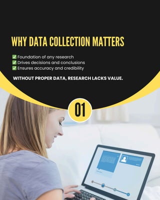 ✅Foundation of any research
✅Drives decisions and conclusions
✅Ensures accuracy and credibility
01
WHY DATA COLLECTION MATTERS
WITHOUT PROPER DATA, RESEARCH LACKS VALUE.
 