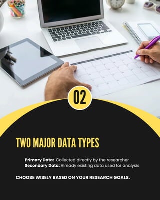 02
1️⃣ Primary Data: Collected directly by the researcher
2️⃣ Secondary Data: Already existing data used for analysis
TWO MAJOR DATA TYPES
CHOOSE WISELY BASED ON YOUR RESEARCH GOALS.
 