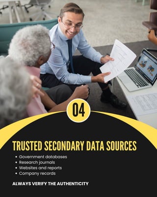 04
Government databases
Research journals
Websites and reports
Company records
TRUSTED SECONDARY DATA SOURCES
ALWAYS VERIFY THE AUTHENTICITY
 