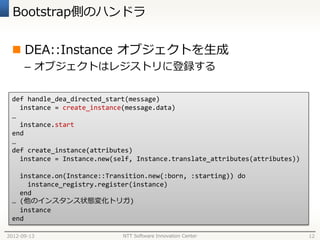 Bootstrap側のハンドラ


  DEA::Instance オブジェクトを生成
      – オブジェクトはレジストリに登録する

 def handle_dea_directed_start(message)
   instance = create_instance(message.data)
 …
   instance.start
 end
 …
 def create_instance(attributes)
   instance = Instance.new(self, Instance.translate_attributes(attributes))

   instance.on(Instance::Transition.new(:born, :starting)) do
     instance_registry.register(instance)
   end
 … (他のインスタンス状態変化トリガ)
   instance
 end

2012-09-13                   NTT Software Innovation Center                   12
 