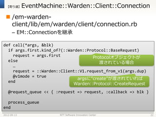 【寄り道】      EventMachine::Warden::Client::Connection
  /em-warden-
   client/lib/em/warden/client/connection.rb
      – EM::Connectionを継承

def call(*args, &blk)
  if args.first.kind_of?(::Warden::Protocol::BaseRequest)
    request = args.first              Protocolオブジェクトが
  else                                   渡されている場合
    …
    request = ::Warden::Client::V1.request_from_v1(args.dup)
    @v1mode = true
                               argsに”create”が渡されていれば
  end
                             Warden::Protocol::CreateRequest
   @request_queue << { :request => request, :callback => blk }

  process_queue
end
2012-09-13               NTT Software Innovation Center          22
 