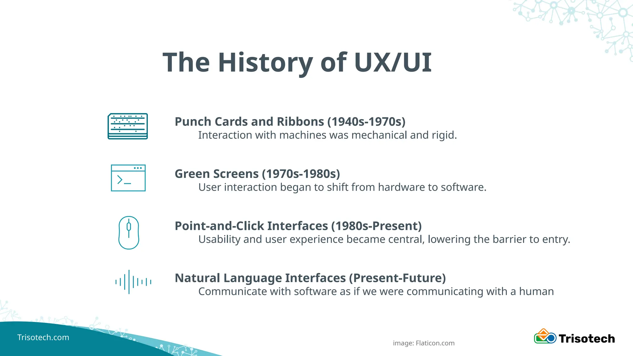 Trisotech.com
The History of UX/UI
Punch Cards and Ribbons (1940s-1970s)
Interaction with machines was mechanical and rigid.
Green Screens (1970s-1980s)
User interaction began to shift from hardware to software.
Point-and-Click Interfaces (1980s-Present)
Usability and user experience became central, lowering the barrier to entry.
Natural Language Interfaces (Present-Future)
Communicate with software as if we were communicating with a human
image: Flaticon.com
 