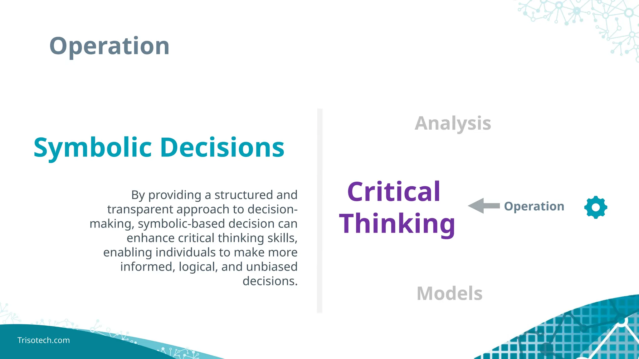 Trisotech.com
Operation
Critical
Thinking
Operation
Models
Analysis
Symbolic Decisions
By providing a structured and
transparent approach to decision-
making, symbolic-based decision can
enhance critical thinking skills,
enabling individuals to make more
informed, logical, and unbiased
decisions.
 