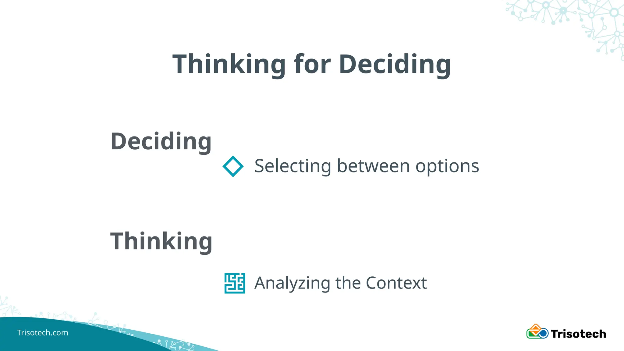 Trisotech.com
Deciding
Thinking
Analyzing the Context
Thinking for Deciding
Selecting between options
 
