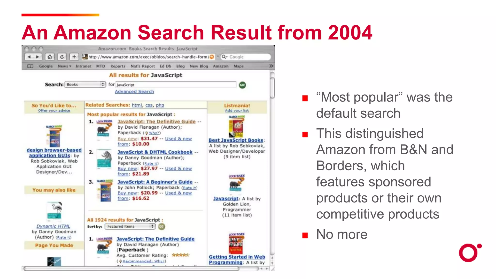 An Amazon Search Result from 2004
“Most popular” was the
default search
This distinguished
Amazon from B&N and
Borders, which
features sponsored
products or their own
competitive products
No more
 