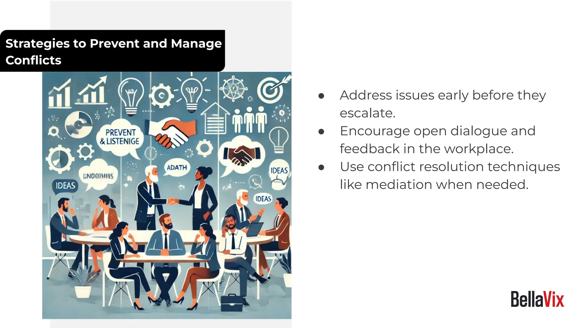 Strategies to Prevent and Manage
Conﬂicts
● Address issues early before they
escalate.
● Encourage open dialogue and
feedback in the workplace.
● Use conﬂict resolution techniques
like mediation when needed.
 