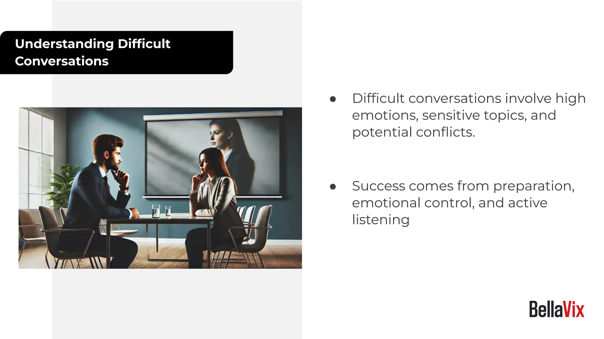 Understanding Difﬁcult
Conversations
● Difﬁcult conversations involve high
emotions, sensitive topics, and
potential conﬂicts.
● Success comes from preparation,
emotional control, and active
listening
 