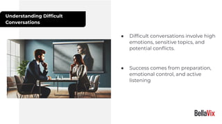 Understanding Difﬁcult
Conversations
● Difﬁcult conversations involve high
emotions, sensitive topics, and
potential conﬂicts.
● Success comes from preparation,
emotional control, and active
listening
 