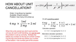 HOW ABOUT UNIT
CANCELLATION?
Order: 4 mg Ativan by injection
Available: 2mg/ml solution
Problem: how many ml to draw up
4 𝑚𝑔 ×
1𝑚𝑙
2 𝑚𝑔
= 2 𝑚𝑙 4 𝑚𝑔
1
×
1 𝑚𝑙
2 𝑚𝑔
=
4 × 1
1 × 2
𝑚𝑙 = 2 𝑚𝑙
Or with everything explicit:
Calculator operation:
4 ÷ 1 X 1 ÷ 2 or ignoring the 1’s: 4 ÷ 2
Alternative calculator operations:
4 X 1 ÷ 1 ÷ 2 or ignoring the 1’s: 4 ÷ 2
4 x 1/(1 X 2) or ignoring the 1’s: 4 ÷ 2
When the units cancel you don’t want and the
unit you do want is left standing, you can be sure
the problem is set up correctly. Multiply key
before any number on the top (if a whole number
it is the top) and divide key before any number
on the bottom = the number part of the answer.
 