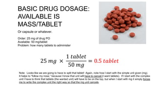 BASIC DRUG DOSAGE:
AVAILABLE IS
MASS/TABLET
Or capsule or whatever.
Order: 25 mg of drug PO
Available: 50 mg/tablet
Problem: how many tablets to administer
25 𝑚𝑔 ×
1 𝑡𝑎𝑏𝑙𝑒𝑡
50 𝑚𝑔
= 0.5 𝑡𝑎𝑏𝑙𝑒𝑡
Note: Looks like we are going to have to split that tablet! Again, note how I start with the simple unit given (mg).
It helps to “follow my nose,” because I know that unit will have to cancel (I want tablets). If I start with the complex
unit I have to think that tablets (the wanted unit) will have to be on the top, but when I start with mg it simply forces
me to write the complex unit the right way so that the mg unit cancels.
 