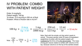 IV PROBLEM: COMBO
WITH PATIENT WEIGHT
Order: 6 mcg/kg/hr
Patient weight: 100 kg
To infuse: 12.5 mg drug in 250 mL of fluid
Problem: What is infusion rate in mL/hr?
100 𝑘𝑔 ×
6 𝑚𝑐𝑔
𝑘𝑔 × ℎ𝑟
×
1 𝑚𝑔
1000 𝑚𝑐𝑔
×
250 𝑚𝐿
12.5 𝑚𝑔
=
12 𝑚𝐿
ℎ𝑟
= 12 mL/hr
Note:
6 𝑚𝑐𝑔
𝑘𝑔
ℎ𝑟
1
=
6 𝑚𝑐𝑔
𝑘𝑔
×
1
ℎ𝑟
=
6 𝑚𝑐𝑔
𝑘𝑔 ×ℎ𝑟
Note: Start with the simple unit (kg) which needs to
cancel. The given per/per order of mass of drug/patient
weight/time is written with the patient weight unit
multiplied by the time unit in the denominator. The mass
of drug per volume relation is written with volume on the
top, because volume is on the top of the wanted answer.
 