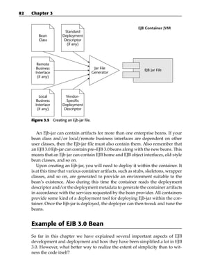 82   Chapter 3


                                                               EJB Container JVM
                        Standard
         Bean          Deployment
         Class          Descriptor
                         (if any)




        Remote
       Business                              Jar File
                                                                   EJB Jar File
       Interface                            Generator
        (if any)




         Local           Vendor-
       Business          Specific
       Interface       Deployment
        (if any)        Descriptor

     Figure 3.5 Creating an Ejb-jar file.


        An Ejb-jar can contain artifacts for more than one enterprise beans. If your
     bean class and/or local/remote business interfaces are dependent on other
     user classes, then the Ejb-jar file must also contain them. Also remember that
     an EJB 3.0 Ejb-jar can contain pre–EJB 3.0 beans along with the new beans. This
     means that an Ejb-jar can contain EJB home and EJB object interfaces, old-style
     bean classes, and so on.
        Upon creating an Ejb-jar, you will need to deploy it within the container. It
     is at this time that various container artifacts, such as stubs, skeletons, wrapper
     classes, and so on, are generated to provide an environment suitable to the
     bean’s existence. Also during this time the container reads the deployment
     descriptor and/or the deployment metadata to generate the container artifacts
     in accordance with the services requested by the bean provider. All containers
     provide some kind of a deployment tool for deploying Ejb-jar within the con-
     tainer. Once the Ejb-jar is deployed, the deployer can then tweak and tune the
     beans.


     Example of EJB 3.0 Bean
     So far in this chapter we have explained several important aspects of EJB
     development and deployment and how they have been simplified a lot in EJB
     3.0. However, what better way to realize the extent of simplicity than to wit-
     ness the code itself?
 