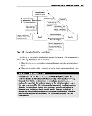Introduction to Session Beans           113


                                Bean Instance
                                does not exist


        1. new instance()              PreDestroy (opt.)                 Timeout
        2. dependency injection (opt.)
        3. PostConstruct (opt.)            A client called the
                                                 remove method or
                                                 timed out
               Client obtained a                            The container’s limit
               reference to the                             of instantiated beans is
               business interface                           reached and the bean
                                                            was chosen as a victim


 Client’s call business
                                                      PrePassivate (opt.)
 methods on the bean’s              Ready                                              Passive
 business interface
                                                      PostActivate (opt.)

                                                     A client called a method
                                                     on a passivated bean’s
                                                     business interface, so
                                                     container must swap it
                                                     back in.

Figure 4.5 Life cycle of a stateful session bean.


  The life cycle for stateful session beans is similar to that of stateless session
beans. The big differences are as follows:
   ■■   There is no pool of equivalent instances because each instance contains
        state.
   ■■   There are transitions for passivating and activating conversational state.

  DON’T RELY ON @PREDESTROY

  Your container can call the @PreDestroy method at any time, even if the
  container decides that the bean’s life has expired (perhaps due to a very long
  timeout). Note that the container may never call your bean’s @PreDestroy
  method, for example if the container crashes or if a critical exception occurs.
  You must be prepared for this contingency. For example, if your bean performs
  shopping cart operations, it might store temporary shopping cart data in a
  database. Your application should provide a utility that runs periodically to
  remove any abandoned shopping carts from the database because otherwise
  the database resources associated with the abandoned shopping carts will
  never be freed.
 