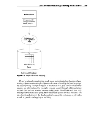 Java Persistence: Programming with Entities             131



         Bank Account


       String accountID
       String ownerName
       double balance




         Database API
        Such as JDBC or
             SQLJ




        Bank Account
           Table


     Relational Database
Figure 6.1 Object-relational mapping.


   Object-relational mapping is a much more sophisticated mechanism of per-
sisting objects than the simple object serialization offered by the Java language.
By decomposing your Java objects as relational data, you can issue arbitrary
queries for information. For example, you can search through all the database
records that have an account balance entry greater than $1,000 and load only
the objects that fulfill this query. More advanced queries are also possible. You
can also visually inspect the database data because it is not stored as bit-blobs,
which is great for debugging or auditing.
 