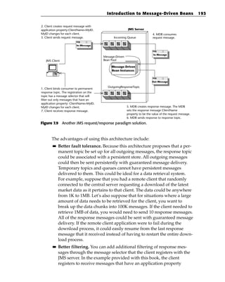 Introduction to Message-Driven Beans                              193

2. Client creates request message with
application property:ClientName=MyID.                       JMS Server
MyID changes for each client.                                                 4. MDB consumes
3. Client sends request message.                 Incoming Queue               request message.

                         In-Message


                                                                               In-Message
                                          Message-Driven
   JMS Client                             Bean Pool

                                               Message-Driven
                                               Bean Instances


                                                                              Out-Message

                                             OutgoingResponseTopic
1. Client binds consumer to permanent
response topic. The registration on the
topic has a message selector that will
filter out only messages that have an
application property: ClientName=MyID.
MyID changes for each client.                              5. MDB creates response message. The MDB
7. Client receives response message.                       sets the response message ClientName
                                                           property to be the value of the request message.
                                                           6. MDB sends response to response topic.
Figure 7.9 Another JMS request/response paradigm solution.



       The advantages of using this architecture include:
        ■■   Better fault tolerance. Because this architecture proposes that a per-
             manent topic be set up for all outgoing messages, the response topic
             could be associated with a persistent store. All outgoing messages
             could then be sent persistently with guaranteed message delivery.
             Temporary topics and queues cannot have persistent messages
             delivered to them. This could be ideal for a data retrieval system.
             For example, suppose that you had a remote client that randomly
             connected to the central server requesting a download of the latest
             market data as it pertains to that client. The data could be anywhere
             from 1K to 1MB. Let’s also suppose that for situations where a large
             amount of data needs to be retrieved for the client, you want to
             break up the data chunks into 100K messages. If the client needed to
             retrieve 1MB of data, you would need to send 10 response messages.
             All of the response messages could be sent with guaranteed message
             delivery. If the remote client application were to fail during the
             download process, it could easily resume from the last response
             message that it received instead of having to restart the entire down-
             load process.
        ■■   Better filtering. You can add additional filtering of response mes-
             sages through the message selector that the client registers with the
             JMS server. In the example provided with this book, the client
             registers to receive messages that have an application property
 