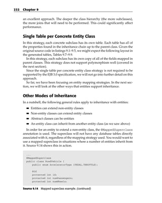 232   Chapter 9


      an excellent approach. The deeper the class hierarchy (the more subclasses),
      the more joins that will need to be performed. This could significantly affect
      performance.


      Single Table per Concrete Entity Class
      In this strategy, each concrete subclass has its own table. Each table has all of
      the properties found in the inheritance chain up to the parent class. Given the
      original source code in listings 9.1–9.5, we might expect the following layout in
      the generated tables, Tables 9.7–9.9.
         In this strategy, each subclass has its own copy of all of the fields mapped in
      parent classes. This strategy does not support polymorphism well (covered in
      the next section).
         Since the single table per concrete entity class strategy is not required to be
      supported by the EJB 3.0 specification, we will not go into further detail on this
      approach.
         So far, we have been focusing on entity mapping strategies. In the next sec-
      tion, we will look at the other ways that entities support inheritance.


      Other Modes of Inheritance
      In a nutshell, the following general rules apply to inheritance with entities:
        ■■   Entities can extend non-entity classes
        ■■   Non-entity classes can extend entity classes
        ■■   Abstract classes can be entities
        ■■   An entity class can inherit from another entity class (as we saw above)
          In order for an entity to extend a non-entity class, the @MappedSuperclass
      annotation is used. The superclass will not have any database tables directly
      associated with it, regardless of the mapping strategy used. You would want to
      use a mapped superclass in situations where a number of entities inherit from
      it. Source 9.14 shows this in action.

        ...
        @MappedSuperclass
        public class RoadVehicle {
            public enum AcceleratorType {PEDAL,THROTTLE};

             @Id
             protected int id;
             protected int numPassengers;
             protected int numWheels;


      Source 9.14 Mapped superclass example. (continued)
 