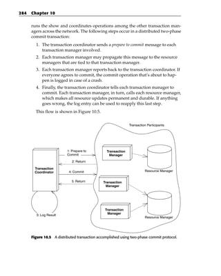 284   Chapter 10


      runs the show and coordinates operations among the other transaction man-
      agers across the network. The following steps occur in a distributed two-phase
      commit transaction:
        1. The transaction coordinator sends a prepare to commit message to each
           transaction manager involved.
        2. Each transaction manager may propagate this message to the resource
           managers that are tied to that transaction manager.
        3. Each transaction manager reports back to the transaction coordinator. If
           everyone agrees to commit, the commit operation that’s about to hap-
           pen is logged in case of a crash.
        4. Finally, the transaction coordinator tells each transaction manager to
           commit. Each transaction manager, in turn, calls each resource manager,
           which makes all resource updates permanent and durable. If anything
           goes wrong, the log entry can be used to reapply this last step.
        This flow is shown in Figure 10.5.


                                                               Transaction Participants




                          1: Prepare to          Transaction
                          Commit                  Manager
                             2: Return

       Transaction
       Coordinator         4: Commit                                     Resource Manager


                             5: Return         Transaction
                                                Manager




                                                Transaction
        3: Log Result                            Manager
                                                                         Resource Manager




      Figure 10.5 A distributed transaction accomplished using two-phase commit protocol.
 