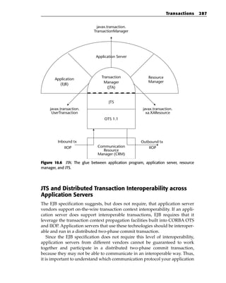Transactions     287


                              javax.transaction.
                            TransactionManager




                             Application Server




                                Transaction               Resource
       Application
                                 Manager                  Manager
         (EJB)
                                   (JTA)


                                    JTS
    javax.transaction.                                 javax.transaction.
     UserTransaction                                     xa.XAResource
                                  OTS 1.1




         Inbound tx                                   Outbound tx
            IIOP              Communication               IIOP
                                Resource
                              Manager (CRM)

Figure 10.6 JTA: The glue between application program, application server, resource
manager, and JTS.




JTS and Distributed Transaction Interoperability across
Application Servers
The EJB specification suggests, but does not require, that application server
vendors support on-the-wire transaction context interoperability. If an appli-
cation server does support interoperable transactions, EJB requires that it
leverage the transaction context propagation facilities built into CORBA OTS
and IIOP. Application servers that use these technologies should be interoper-
able and run in a distributed two-phase commit transaction.
    Since the EJB specification does not require this level of interoperability,
application servers from different vendors cannot be guaranteed to work
together and participate in a distributed two-phase commit transaction,
because they may not be able to communicate in an interoperable way. Thus,
it is important to understand which communication protocol your application
 