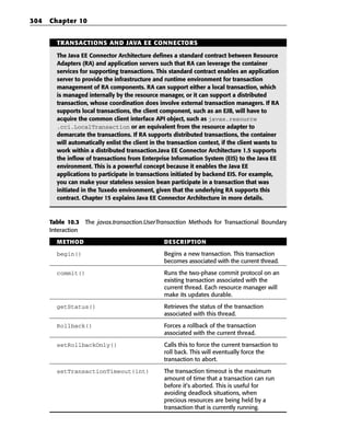304   Chapter 10


        TRANSACTIONS AND JAVA EE CONNECTORS

        The Java EE Connector Architecture defines a standard contract between Resource
        Adapters (RA) and application servers such that RA can leverage the container
        services for supporting transactions. This standard contract enables an application
        server to provide the infrastructure and runtime environment for transaction
        management of RA components. RA can support either a local transaction, which
        is managed internally by the resource manager, or it can support a distributed
        transaction, whose coordination does involve external transaction managers. If RA
        supports local transactions, the client component, such as an EJB, will have to
        acquire the common client interface API object, such as javax.resource
        .cci.LocalTransaction or an equivalent from the resource adapter to
        demarcate the transactions. If RA supports distributed transactions, the container
        will automatically enlist the client in the transaction context, if the client wants to
        work within a distributed transaction.Java EE Connector Architecture 1.5 supports
        the inflow of transactions from Enterprise Information System (EIS) to the Java EE
        environment. This is a powerful concept because it enables the Java EE
        applications to participate in transactions initiated by backend EIS. For example,
        you can make your stateless session bean participate in a transaction that was
        initiated in the Tuxedo environment, given that the underlying RA supports this
        contract. Chapter 15 explains Java EE Connector Architecture in more details.



      Table 10.3 The javax.transaction.UserTransaction Methods for Transactional Boundary
      Interaction

        METHOD                                    DESCRIPTION

        begin()                                   Begins a new transaction. This transaction
                                                  becomes associated with the current thread.

        commit()                                  Runs the two-phase commit protocol on an
                                                  existing transaction associated with the
                                                  current thread. Each resource manager will
                                                  make its updates durable.
        getStatus()                               Retrieves the status of the transaction
                                                  associated with this thread.

        Rollback()                                Forces a rollback of the transaction
                                                  associated with the current thread.

        setRollbackOnly()                         Calls this to force the current transaction to
                                                  roll back. This will eventually force the
                                                  transaction to abort.

        setTransactionTimeout(int)                The transaction timeout is the maximum
                                                  amount of time that a transaction can run
                                                  before it’s aborted. This is useful for
                                                  avoiding deadlock situations, when
                                                  precious resources are being held by a
                                                  transaction that is currently running.
 