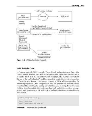 Security   333


                          11:call business methods


     Client                                              J2EE Server
                                  network
 (you write this)

   1:new()
   7:login()
                      2:getConfiguration()
                      3:getAppConfigurationEntry()
   LoginContext                                         Configuration
 (provided for you)                                   (provided for you)
                      4:return list of LoginModules
   5:new()
   6:initialize()
   8:login()
   9:commit()

   One or more                                           Config file
  LoginModules                                         (you write this)
 (you write this)

                                    Subject
                               (provided for you)

                               10:add credentials
Figure 11.3 JAAS authentication in detail.




JAAS Sample Code
Let’s show a simple JAAS example. The code will authenticate and then call a
“Hello, World” method on a bean. If the password is right, then the invocation
succeeds. If not, then the server throws an exception. The example shows both
the use of the JAAS client API and how a custom LoginModule is plugged in.
  The code is in Source 11.1 through 11.3 and is fairly self-documenting. By
reviewing Figure 11.3, this sample code, and the process we laid out earlier,
you should be able to get a feeling for what this code is doing. Note in Source
11.1 that if authorization fails on the method call, an EJBException is prop-
agated back to the client. We will look at authorization in more detail in the
next section.

  package examples.security;

  import java.util.*;
  import javax.security.auth.*;


Source 11.1 HelloClient.java. (continued)
 