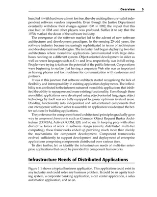 Overview       5


bundled it with hardware almost for free, thereby making the survival of inde-
pendent software vendors impossible. Even though the Justice Department
eventually withdrew their charges against IBM in 1982, the impact that this
case had on IBM and other players was profound. Suffice it to say that the
1970s marked the dawn of the software industry.
   The emergence of the software market led to the advent of new software
architectures and development paradigms. In the ensuing 25-odd years, the
software industry became increasingly sophisticated in terms of architecture
and development methodologies. The industry had begun deploying two-tier
architectures where monolithic applications communicated with large data-
bases running on a different system. Object-oriented development in older as
well as newer languages such as C++ and Java, respectively, was in full swing.
People were trying to fathom the potential of the public Internet. Corporations
were beginning to realize that having a corporate Web site was as important
as having phones and fax machines for communication with customers and
partners.
   It was at this juncture that software architects started recognizing the lack of
flexibility and interoperability in existing application deployments. The inflexi-
bility was attributed to the inherent nature of monolithic applications that inhib-
ited the ability to repurpose and reuse existing functionality. Even though these
monolithic applications were developed using object-oriented languages, object
technology by itself was not fully equipped to garner optimum levels of reuse.
Dividing functionality into independent and self-contained components that
can interoperate with each other to assemble an application was deemed the bet-
ter solution for building applications.
   The preference for component-based architectural principles gradually gave
way to component frameworks such as Common Object Request Broker Archi-
tecture (CORBA), ActiveX/COM, EJB, and so on. In keeping pace with other
disruptive forces at work in software design (mainly distributed multi-tier
computing), these frameworks ended up providing much more than merely
the mechanisms for component development. Component frameworks
evolved sufficiently to support development and deployment of enterprise
applications comprising components distributed over various tiers.
   To dive further, let us identify the infrastructure needs of multi-tier enter-
prise applications that could be provided by component frameworks.


Infrastructure Needs of Distributed Applications
Figure 1.1 shows a typical business application. This application could exist in
any industry and could solve any business problem. It could be an equity trad-
ing system, a corporate banking application, a call center application, a sales
automation application, and so on.
 