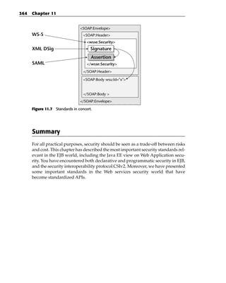 364   Chapter 11


                                <SOAP:Envelope>
      WS-S                        <SOAP:Header>
                                    <wsse:Security>
      XML DSig                        Signature
                                      Assertion
      SAML                          </wsse:Security>
                                  </SOAP:Header>

                                  <SOAP:Body wsu:Id="x">


                                  </SOAP:Body >
                                </SOAP:Envelope>

      Figure 11.7 Standards in concert.




      Summary
      For all practical purposes, security should be seen as a trade-off between risks
      and cost. This chapter has described the most important security standards rel-
      evant in the EJB world, including the Java EE view on Web Application secu-
      rity. You have encountered both declarative and programmatic security in EJB,
      and the security interoperability protocol CSIv2. Moreover, we have presented
      some important standards in the Web services security world that have
      become standardized APIs.
 