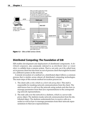 14   Chapter 1

                             Dell.com Web application finds
                             out that chips needs to be
                             procured for fulfilling the order.
                             It submits the request for the same
                             to its internal procurement application.

                     HTTP                                                  Intel Order Parts
                                       Dell.com
                                                                              Application

                                              RMI/IIOP                          EJB as Web
                                                                                service
     A Dell customer
     orders 100 computers
     on dell.com
                                                                                     RMI/IIOP

                                         EJB acts as
                                         Web service           SOAP/HTTP      Web service
                                         client                                Wrapper


                                 EJB Procurement
                                    Application

                             Dell‘s procurement application
                             communicates with Intel‘s order
                             parts Web service.
     Figure 1.3 EJBs as Web service clients.




     Distributed Computing: The Foundation of EJB
     EJB enables development and deployment of distributed components. A dis-
     tributed component, also commonly referred to as distributed object or remote
     object, is callable from a remote system. That is, not only can it be called from
     an in-process client but also from an out-of-process client that might be located
     on a different system on the network.
        A remote invocation of a method on a distributed object follows a common
     process that is similar across almost all distributed computing technologies.
     The main steps of this remote method invocation process are:
        1. The client calls a stub, which is a client-side proxy object. This stub is
           responsible for masking network communications from the client. The
           stub knows how to call over the network using sockets and also how to
           massage parameters from their Java representations to the correspond-
           ing network representations.
        2. The stub calls over the network to a skeleton, which is a server-side
           proxy object. The skeleton masks network communication from the dis-
           tributed object. The skeleton understands how to receive calls on a
           socket as well as how to massage parameters from their network repre-
           sentations to their Java representations.
 