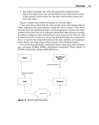 Overview       15


  3. The skeleton delegates the call to the appropriate implementation
     object. This object serves the call and does its work, and returns control
     to the skeleton, which returns it to the stub, which finally returns con-
     trol to the client.
   Figure 1.4 depicts the method invocation on a remote object.
   A key point here is that both the stub and the server-side implementation
object implement the same interface (called the remote interface). This means
the stub clones the distributed object’s method signatures. A client who calls a
method on the stub thinks he is calling the distributed object directly; in reality,
the client is calling an empty stub that knows how to go over the network. This
is called distribution transparency. In fact, the distributed object is an abstraction
that is created by the cooperation between the stub, skeleton, and implemen-
tation objects. No single entity in this scenario is the distributed object.
   You can develop and deploy distributed objects using many other technolo-
gies, including CORBA (OMG), Distributed Component Object Model or
DCOM (; Microsoft), and Java RMI-IIOP (Sun).


                                                 Distributed
     Client
                                                   Object


                                     Remote Interface




     Remote Interface




      Stub                                        Skeleton




                           Network



Figure 1.4 Remote method invocation.
 