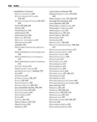 648   Index


      annotations (continued)              mappedName element, 200
       @Discriminator, 638                 @MappedSuperclass, 232–234,
       @DiscriminatorColumn,                  642
           226–227                         @MessageDriven, 176, 200, 602
       @DiscriminatorValue, 226–227,       message-driven beans, 602
           639                             name element, 200, 208
       @EJB, 207–208, 609                  @NamedNativeQueries, 615
       @EJBs, 609                          @NamedNativeQuery, 615
       @Embeddable, 641                    @NamedQueries, 614
       @Embedded, 641                      @NamedQuery, 155, 614
       @EmbeddedId, 626                    @OneToMany, 247, 632
       @Entity, 227, 612                   @OneToOne, 631
       @Entity Listeners, 612              @OrderBy, 636
       @Enumerated, 630                    @PermitAll, 348, 608
       example, 594                        @PersistenceContext, 208–209,
       @ExcludeClassInterceptors,             617
           605                             @PersistenceContexts, 617
       @ExcludeDefaultInterceptors,        @PersistenceUnit, 618
           605                             @PostActivate, 606
       @ExcludeDefaultListeners,           @PostConstruct, 605
           612                             @PostLoad, 613
       @ExcludeSuperclassListeners,        @PostPersist, 612
           612                             @PostRemove, 613
       @Flush Mode, 614                    @PostUpdate, 613
       @Generated Value, 625               @PreDestroy, 605
       getAnnotation() method, 595         @PrePassivate, 606
       @Id, 625                            @PrePersist, 147–148, 612
       @IdClass, 627                       @PreRemove, 613
       @Inheritance, 226, 637              @PreUpdate, 613
       @Init, 205, 600                     @PrimaryKeyJoinColumn, 640
       @Interceptor, 209                   @PrimaryKeyJoinColumns, 640
       @Interceptors, 209, 605             pros and cons, 599
       Java annotation facility, 598–599   @Remote, 201, 601
       @JoinColumn, 623–624                @Remove, 202–204, 601
       @JoinColumns, 624                   @Resource, 205–207, 610
       @JoinTable, 633                     @Resources, 207, 610
       @Lob, 629                           @Retention, 595
       @Local, 201, 601                    @RolesAllowed, 347–348, 607
       @ManyToMany, 259, 634               @RunAs, 608
       @ManyToOne, 630                     @SecondaryTable, 620
       @MapKey, 635                        @SecondaryTables, 621
 