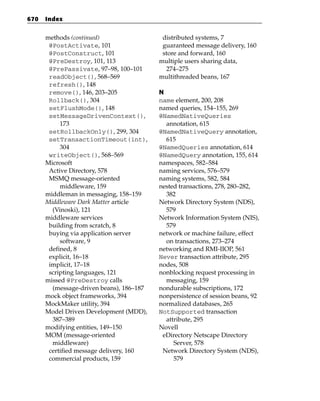 670   Index


      methods (continued)                  distributed systems, 7
       @PostActivate, 101                  guaranteed message delivery, 160
       @PostConstruct, 101                 store and forward, 160
       @PreDestroy, 101, 113              multiple users sharing data,
       @PrePassivate, 97–98, 100–101        274–275
       readObject(), 568–569              multithreaded beans, 167
       refresh(), 148
       remove(), 146, 203–205             N
       Rollback(), 304                    name element, 200, 208
       setFlushMode(), 148                named queries, 154–155, 269
       setMessageDrivenContext(),         @NamedNativeQueries
           173                              annotation, 615
       setRollbackOnly(), 299, 304        @NamedNativeQuery annotation,
       setTransactionTimeout(int),          615
           304                            @NamedQueries annotation, 614
       writeObject(), 568–569             @NamedQuery annotation, 155, 614
      Microsoft                           namespaces, 582–584
       Active Directory, 578              naming services, 576–579
       MSMQ message-oriented              naming systems, 582, 584
           middleware, 159                nested transactions, 278, 280–282,
      middleman in messaging, 158–159       382
      Middleware Dark Matter article      Network Directory System (NDS),
        (Vinoski), 121                      579
      middleware services                 Network Information System (NIS),
       building from scratch, 8             579
       buying via application server      network or machine failure, effect
           software, 9                      on transactions, 273–274
       defined, 8                         networking and RMI-IIOP, 561
       explicit, 16–18                    Never transaction attribute, 295
       implicit, 17–18                    nodes, 508
       scripting languages, 121           nonblocking request processing in
      missed @PreDestroy calls              messaging, 159
        (message-driven beans), 186–187   nondurable subscriptions, 172
      mock object frameworks, 394         nonpersistence of session beans, 92
      MockMaker utility, 394              normalized databases, 265
      Model Driven Development (MDD),     NotSupported transaction
        387–389                             attribute, 295
      modifying entities, 149–150         Novell
      MOM (message-oriented                eDirectory Netscape Directory
        middleware)                            Server, 578
       certified message delivery, 160     Network Directory System (NDS),
       commercial products, 159                579
 