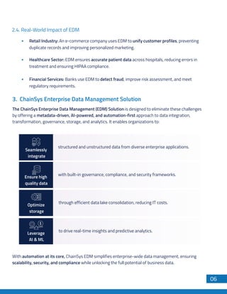 2.4. Real-World Impact of EDM
structured and unstructured data from diverse enterprise applications.
Seamlessly
integrate
with built-in governance, compliance, and security frameworks.
Ensure high
quality data
through efficient data lake consolidation, reducing IT costs.
Optimize
storage
to drive real-time insights and predictive analytics.
Leverage
AI & ML
3. ChainSys Enterprise Data Management Solution
With automation at its core, ChainSys EDM simplifies enterprise-wide data management, ensuring
scalability, security, and compliance while unlocking the full potential of business data.
The ChainSys Enterprise Data Management (EDM) Solution is designed to eliminate these challenges
by offering a metadata-driven, AI-powered, and automation-first approach to data integration,
transformation, governance, storage, and analytics. It enables organizations to:
06
Retail Industry: An e-commerce company uses EDM to unify customer profiles, preventing
duplicate records and improving personalized marketing.
Healthcare Sector: EDM ensures accurate patient data across hospitals, reducing errors in
treatment and ensuring HIPAA compliance.
Financial Services: Banks use EDM to detect fraud, improve risk assessment, and meet
regulatory requirements.
 