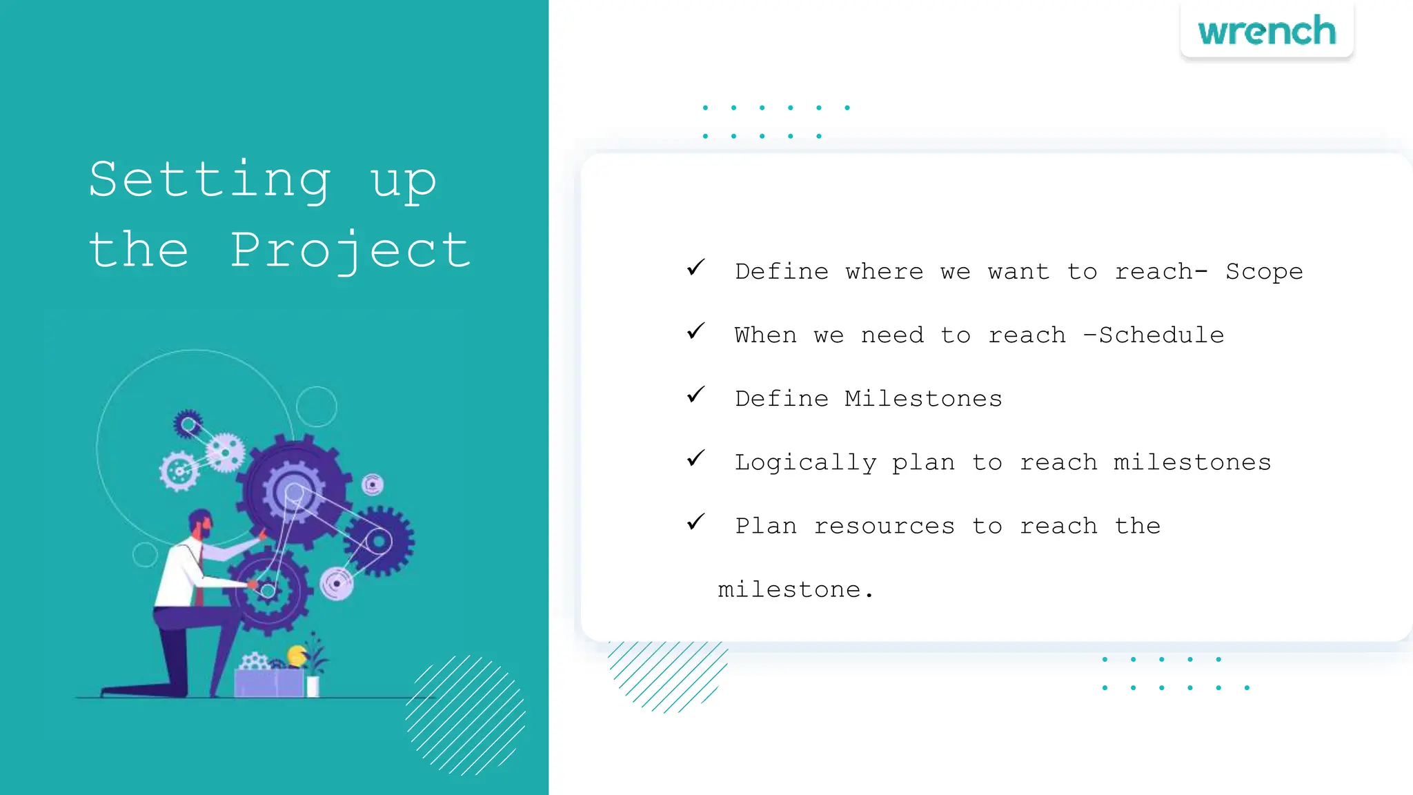 Setting up
the Project
5
 Define where we want to reach- Scope
 When we need to reach –Schedule
 Define Milestones
 Logically plan to reach milestones
 Plan resources to reach the
milestone.
 