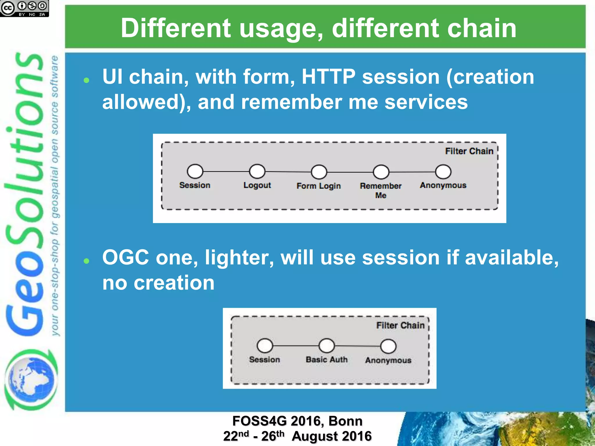  UI chain, with form, HTTP session (creation
allowed), and remember me services
 OGC one, lighter, will use session if available,
no creation
Different usage, different chain
 