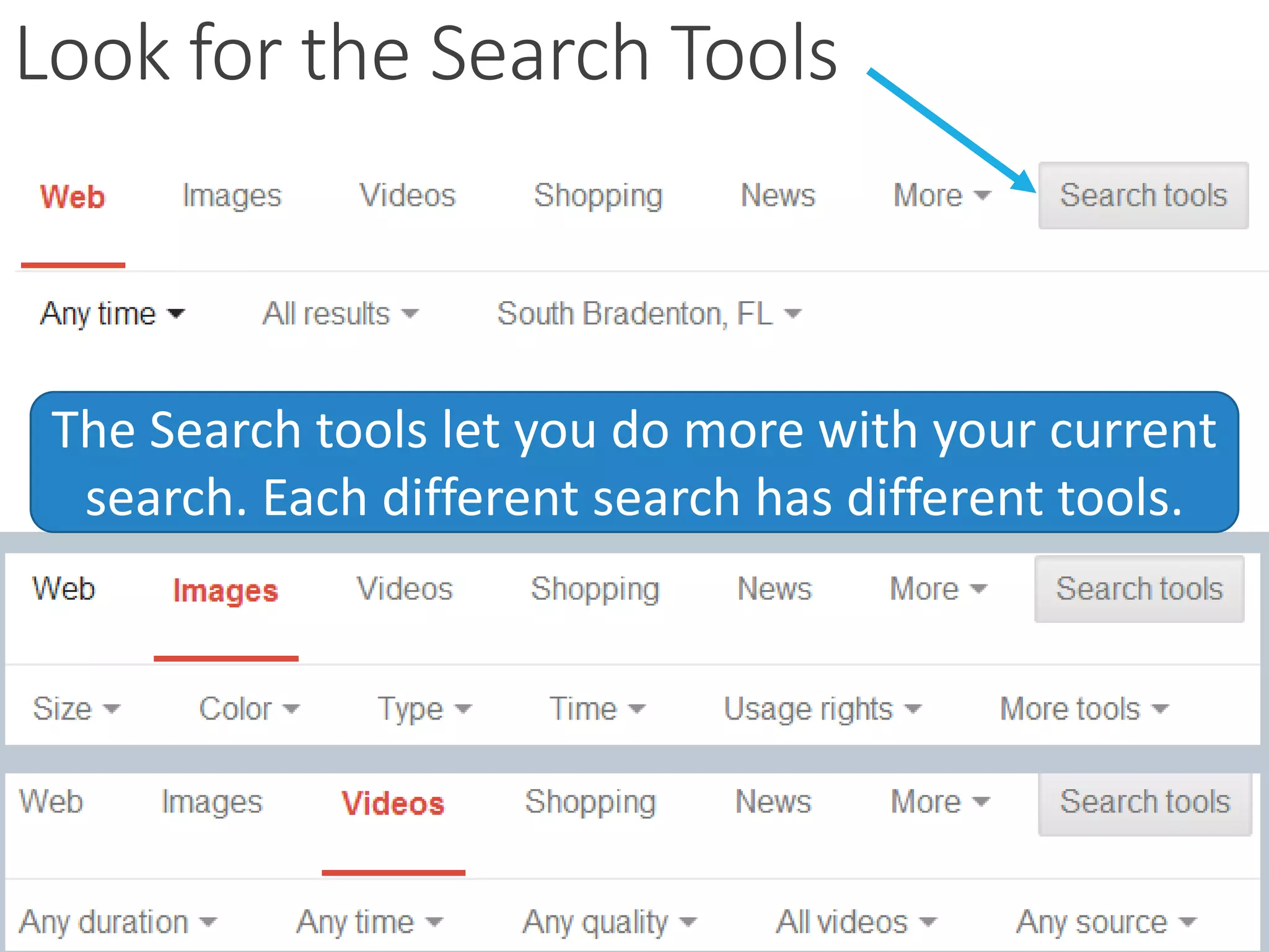 Look for the Search Tools
The Search tools let you do more with your current
search. Each different search has different tools.
 