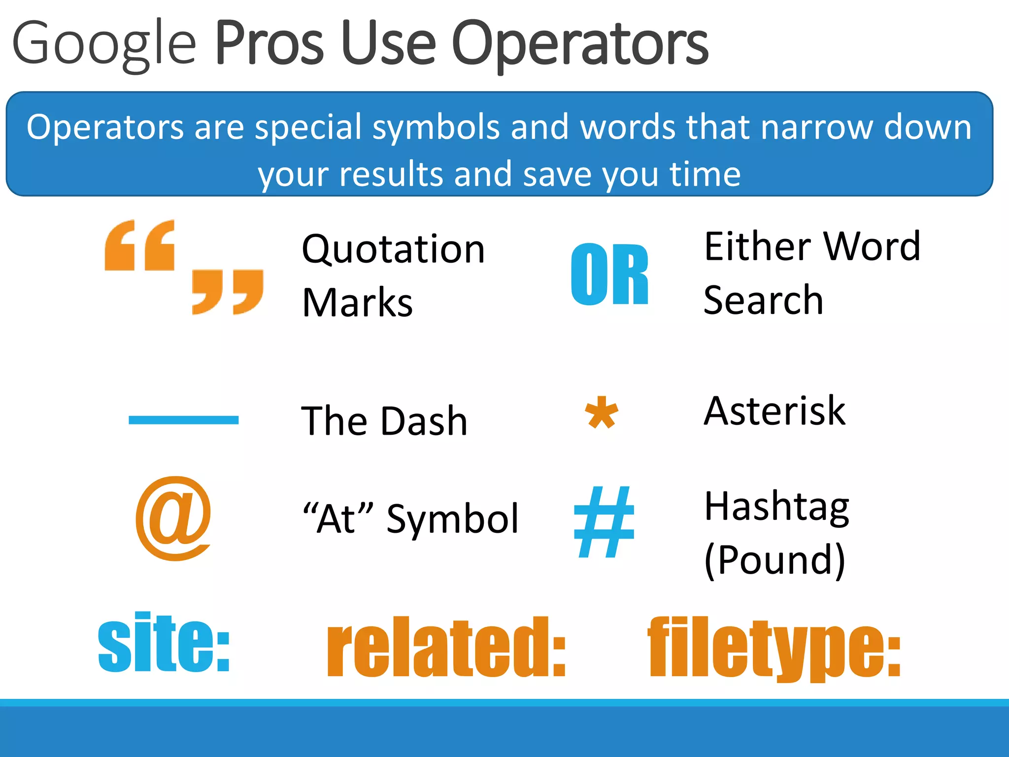 Google Pros Use Operators
Operators are special symbols and words that narrow down
your results and save you time
Quotation
Marks
The Dash
site: related:
*
OR
Either Word
Search
Asterisk
filetype:
@ “At” Symbol
# Hashtag
(Pound)
 