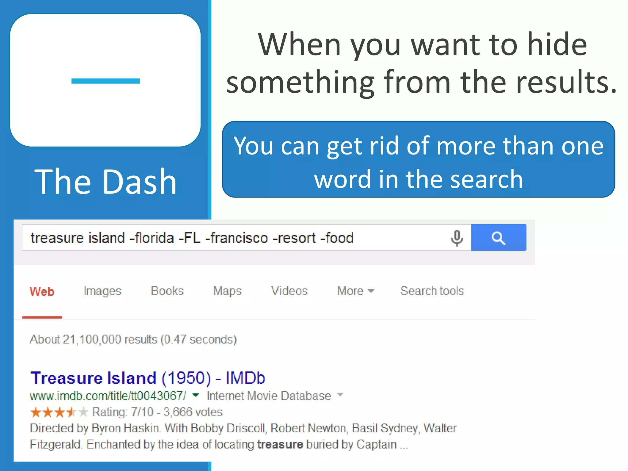 When you want to hide
something from the results.
The Dash
You can get rid of more than one
word in the search
 