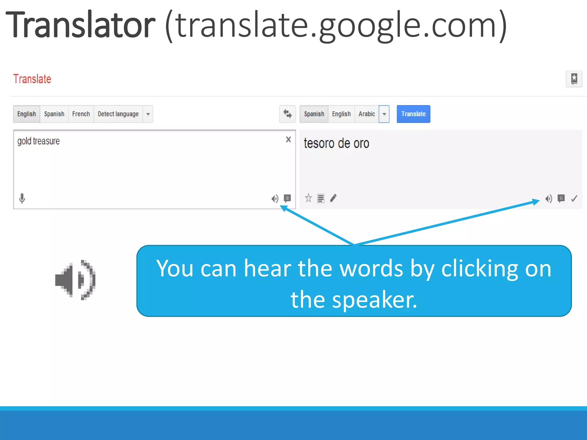 Translator (translate.google.com)
You can hear the words by clicking on
the speaker.
 