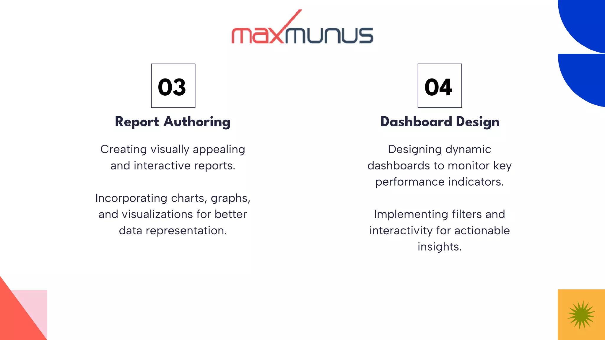 Creating visually appealing
and interactive reports.
Incorporating charts, graphs,
and visualizations for better
data representation.
Report Authoring
03
Designing dynamic
dashboards to monitor key
performance indicators.
Implementing filters and
interactivity for actionable
insights.
Dashboard Design
04
 